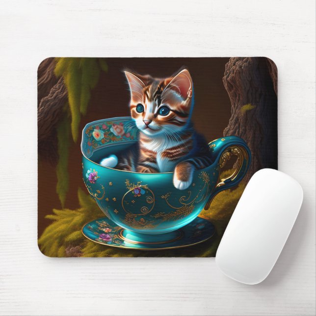 Kitten in a teacup (baby animal) mouse pad (With Mouse)