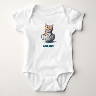Kitten in a teacup with pink flower art, baby bodysuit