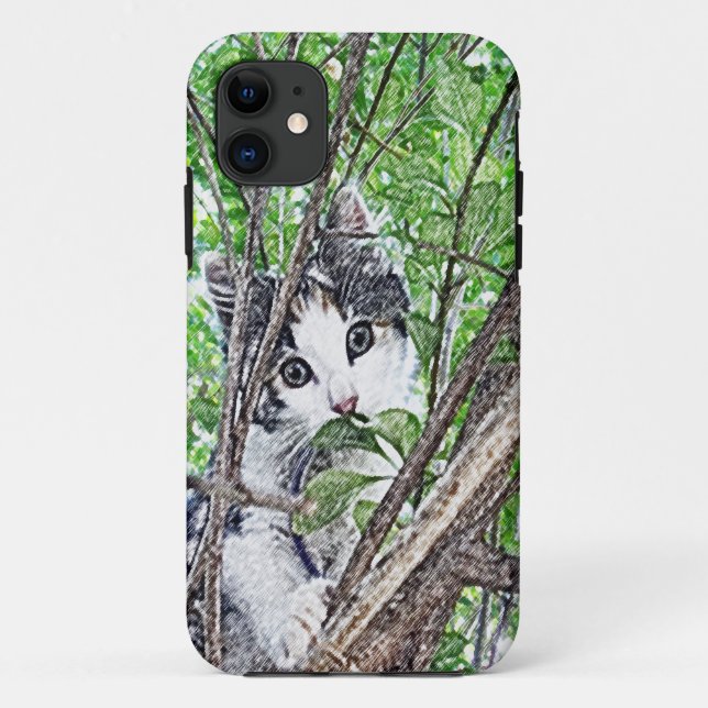 Kitten In A Tree Pencil Drawing, Case-Mate iPhone Case (Back)