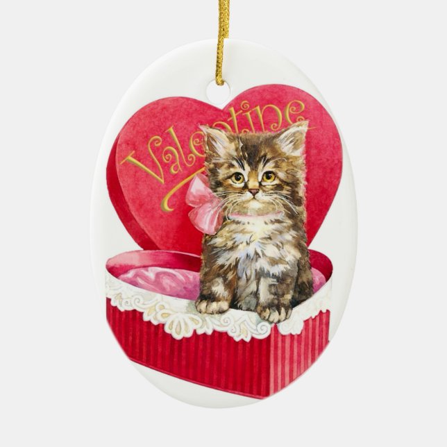 Kitten in Candy Box Ceramic Ornament (Front)