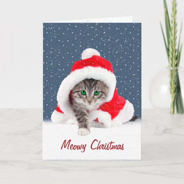 Kitten In Christmas Santa Hat and Snowflakes Card (Front)