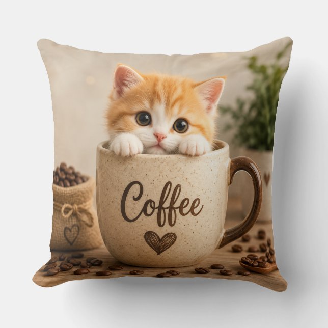 Kitten in Coffee Cup Charm Throw Pillow (Front)