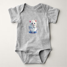 Kitten in Cup Blue Flowers Baby Bodysuit