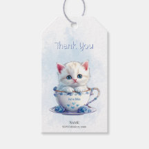 Kitten in Cup Blue Flowers Gift Tag