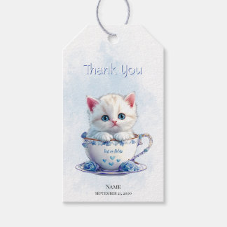 Kitten in Cup Blue Flowers Gift Tag