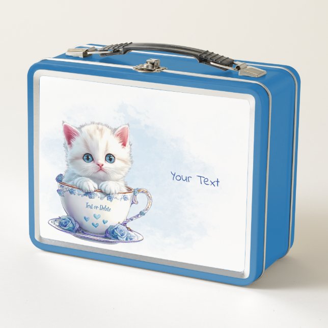 Kitten in Cup Blue Flowers Metal Lunch Box (Front)