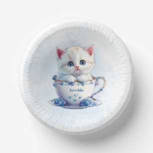 Kitten in Cup Blue Flowers Paper Bowl Plate