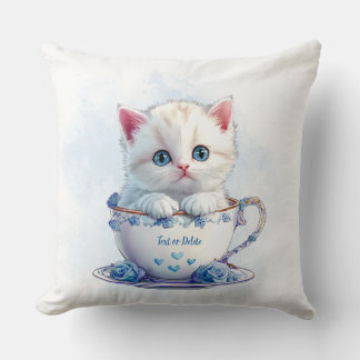 Kitten in Cup Blue Flowers Throw Pillow