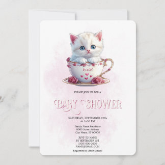 Kitten in Cup Pink Flowers Baby Shower Invitation