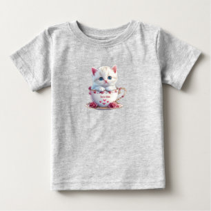 Kitten in Cup Pink Flowers Baby T-Shirt