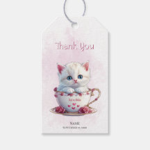 Kitten in Cup Pink Flowers Gift Tag