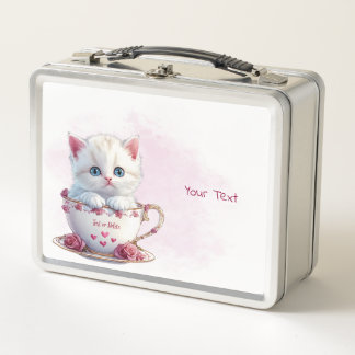 Kitten in Cup Pink Flowers Metal Lunch Box