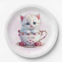 Kitten in Cup Pink Flowers Paper Plate