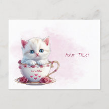 Kitten in Cup Pink Flowers Postcard