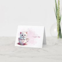 Kitten in Cup Pink Flowers Thank You Card