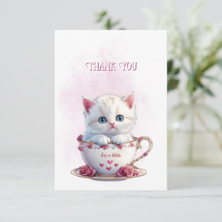 Kitten in Cup Pink Flowers Thank You Card