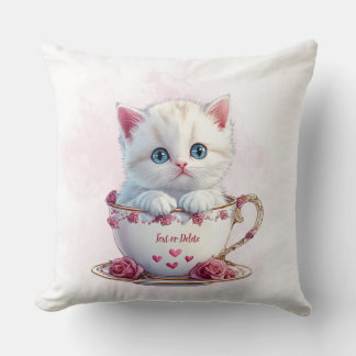 Kitten in Cup Pink Flowers Throw Pillow