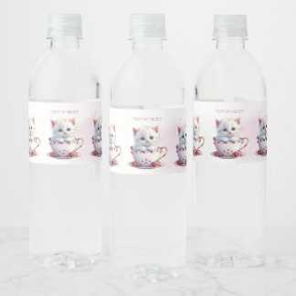 Kitten in Cup Pink Flowers Water Bottle Label