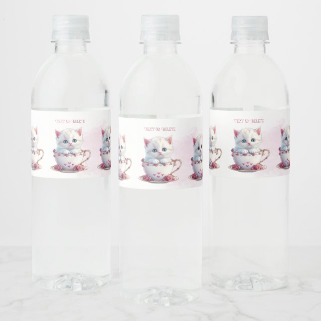 Kitten in Cup Pink Flowers Water Bottle Label (Bottles)