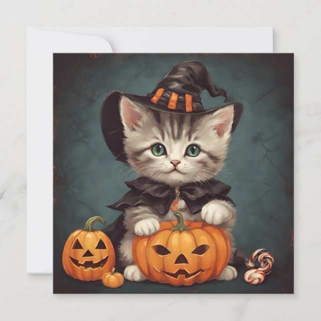 Kitten in Halloween Costume and Jack-O'-Lantern Card (Front)