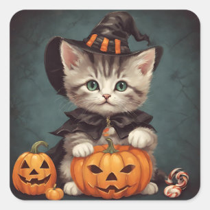 Kitten in Halloween Costume and Jack-O'-Lantern Square Sticker