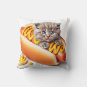 kitten in hot dog with mustard throw pillow