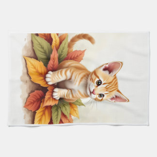Kitten In Leaf Pile Kitchen Towel