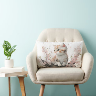 Kitten in Pink Flowers Lumbar Pillow