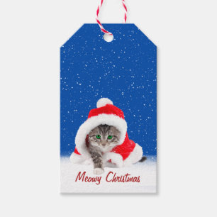 Kitten In Santa Hat and Snowflakes Gift Tags