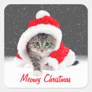 Kitten In Santa Hat and Snowflakes  Square Sticker