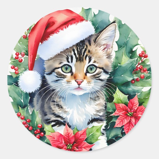 Kitten In Santa Hat Christmas Art Classic Round Sticker (Front)