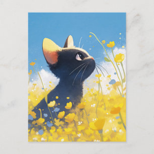 Kitten in Sunny Yellow Buttercup Flower Meadow Postcard