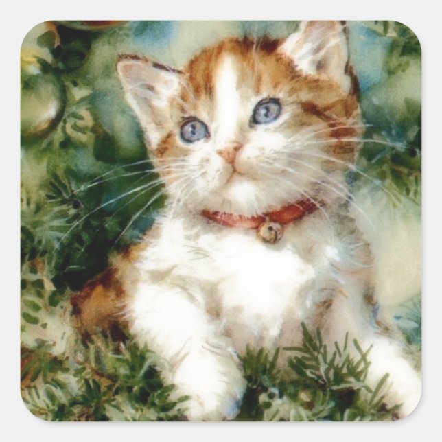 Kitten in the Christmas Tree Square Sticker (Front)
