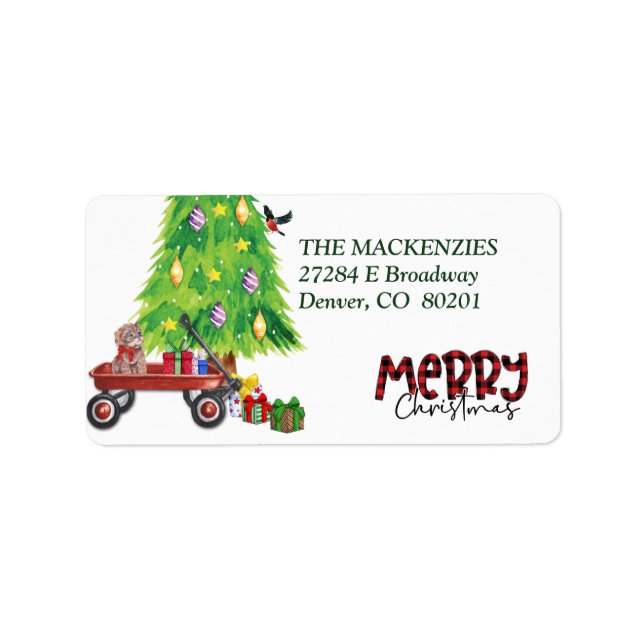 Kitten in Wagon and Christmas Tree Return Address Label (Front)