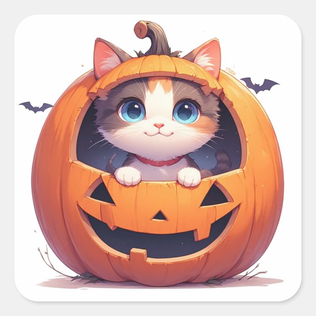 Kitten Inside Jack O Lantern Halloween Fun 🎃 Square Sticker (Front)