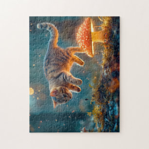 Kitten Jumping sur un Puzzle de champignons magiqu
