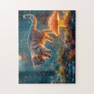 Kitten Jumping sur un Puzzle de champignons magiqu