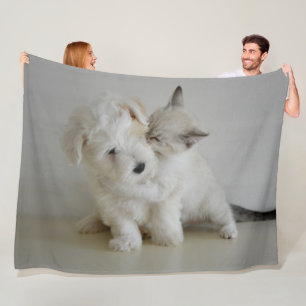KITTEN KISSING PUPPY FLEECE BLANKET