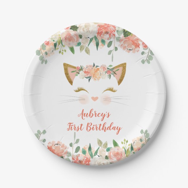 Kitten kitty cat floral peach cream birthday paper plate (Front)