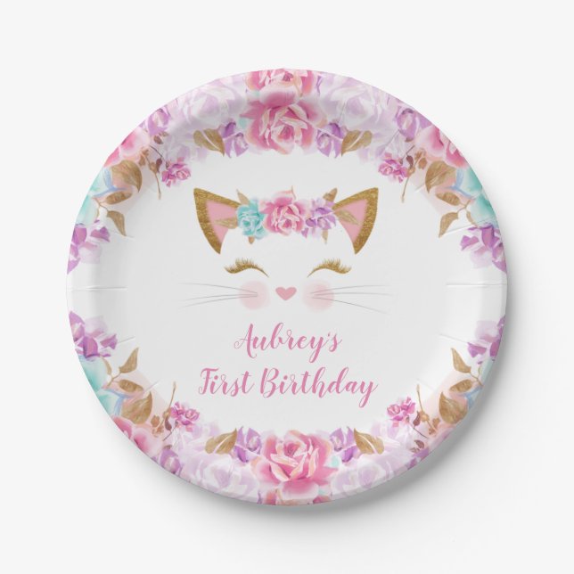 Kitten kitty cat floral pink purple teal paper plate (Front)