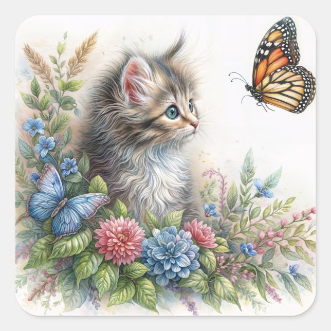 Kitten Looking At Orange Butterfly Square Sticker (Front)