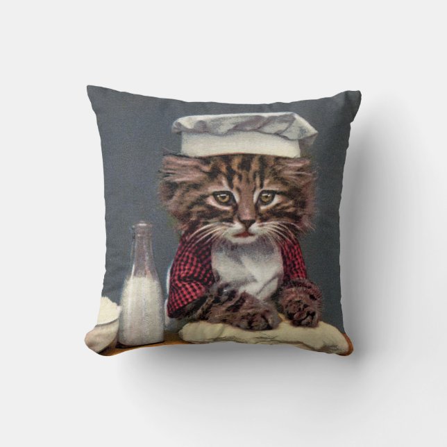 Kitten Making Bread, Unknown artist Throw Pillow (Front)