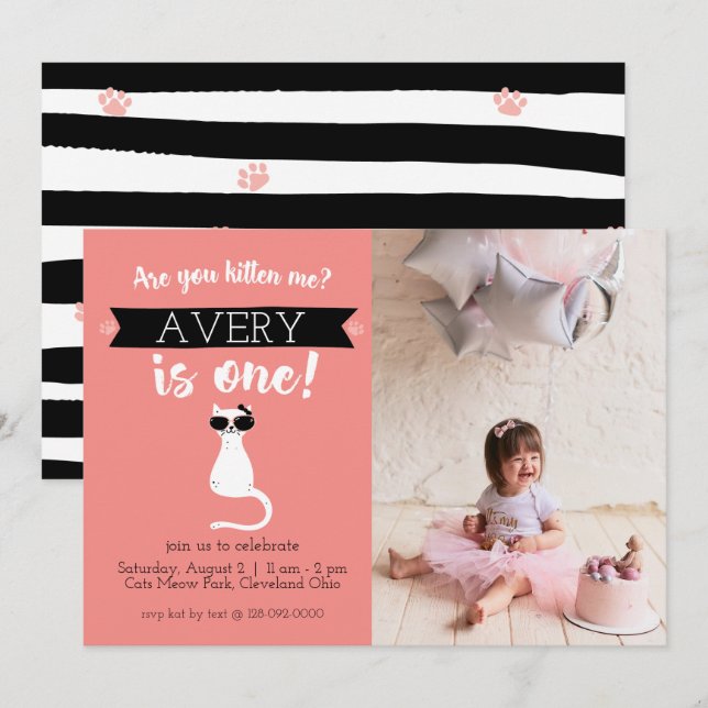 Kitten Me First Birthday Photo Invitation (Devant / Derrière)
