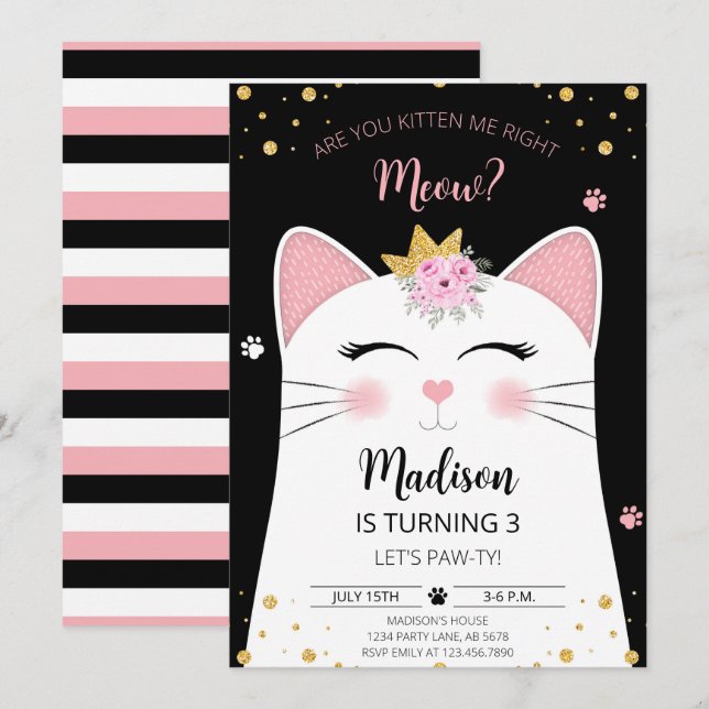 Kitten Meow Birthday Black Invitation (Front/Back)
