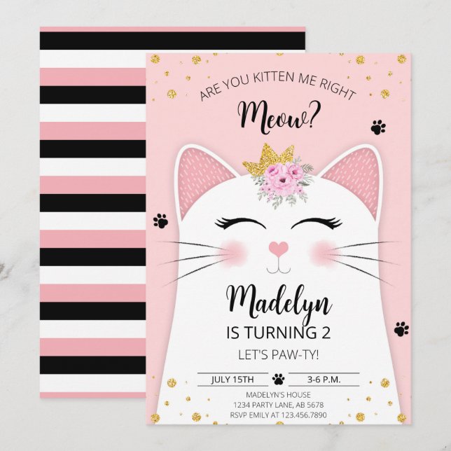 Kitten Meow Birthday Pink Invitation (Front/Back)