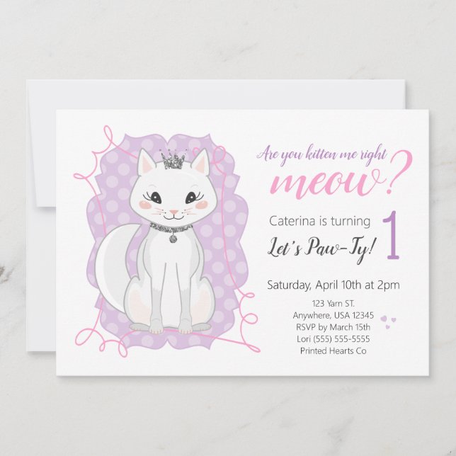 Kitten Meow Invitation d'anniversaire | Rose et vi (Devant)