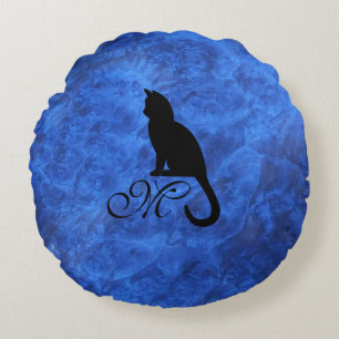 Kitten Monogram Sapphire Blue  Round Pillow