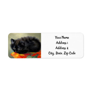 Kitten noir vintage avec couverture de fleurs roug