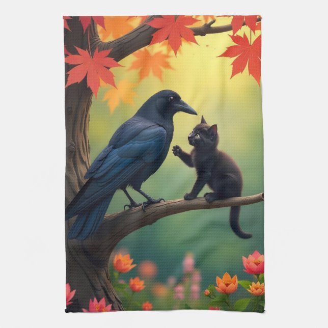 Kitten Oak Tree Garden Raven-Crows Kitchen Towel (Vertical)
