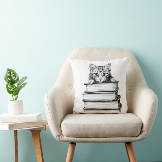 Kitten on Books Monochromatic Throw Pillow (Chair)